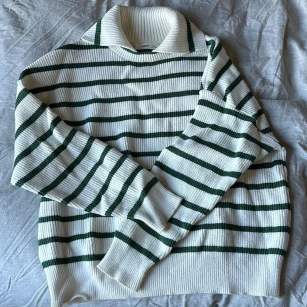MANGO White and Green striped sweater, Size S